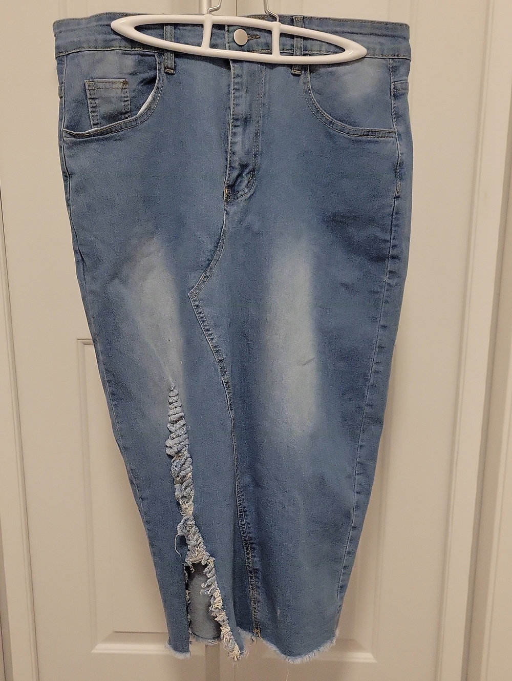 Light Blue Distressed Denim Midi Skirt (1X  But Fits Smaller Read Listing)
